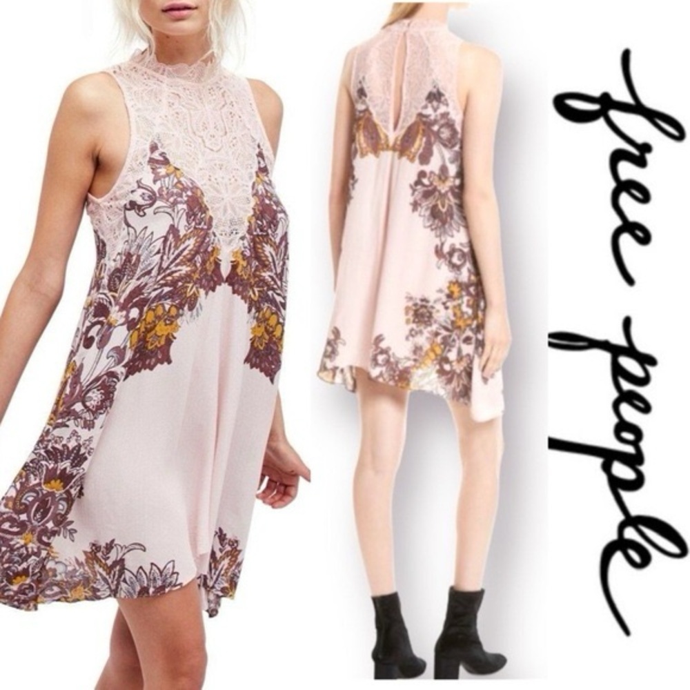 Free People Sleeveless Pink Floral Lace-Back Swing Dress
